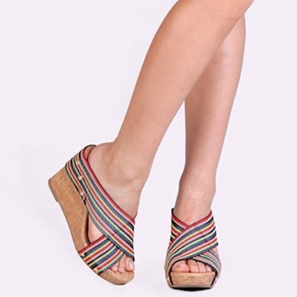 Madden Girl Nautic Bright Multi Striped Corked Wedge Heels/Sandals Sz11